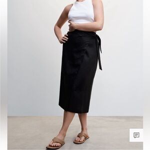 mango black linen blend midi wrap skirt S
